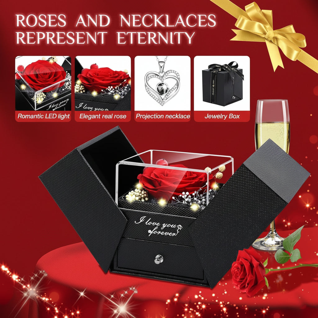 Preserved Eternal Flower Rose Gift Box with LED Light and Love Necklace