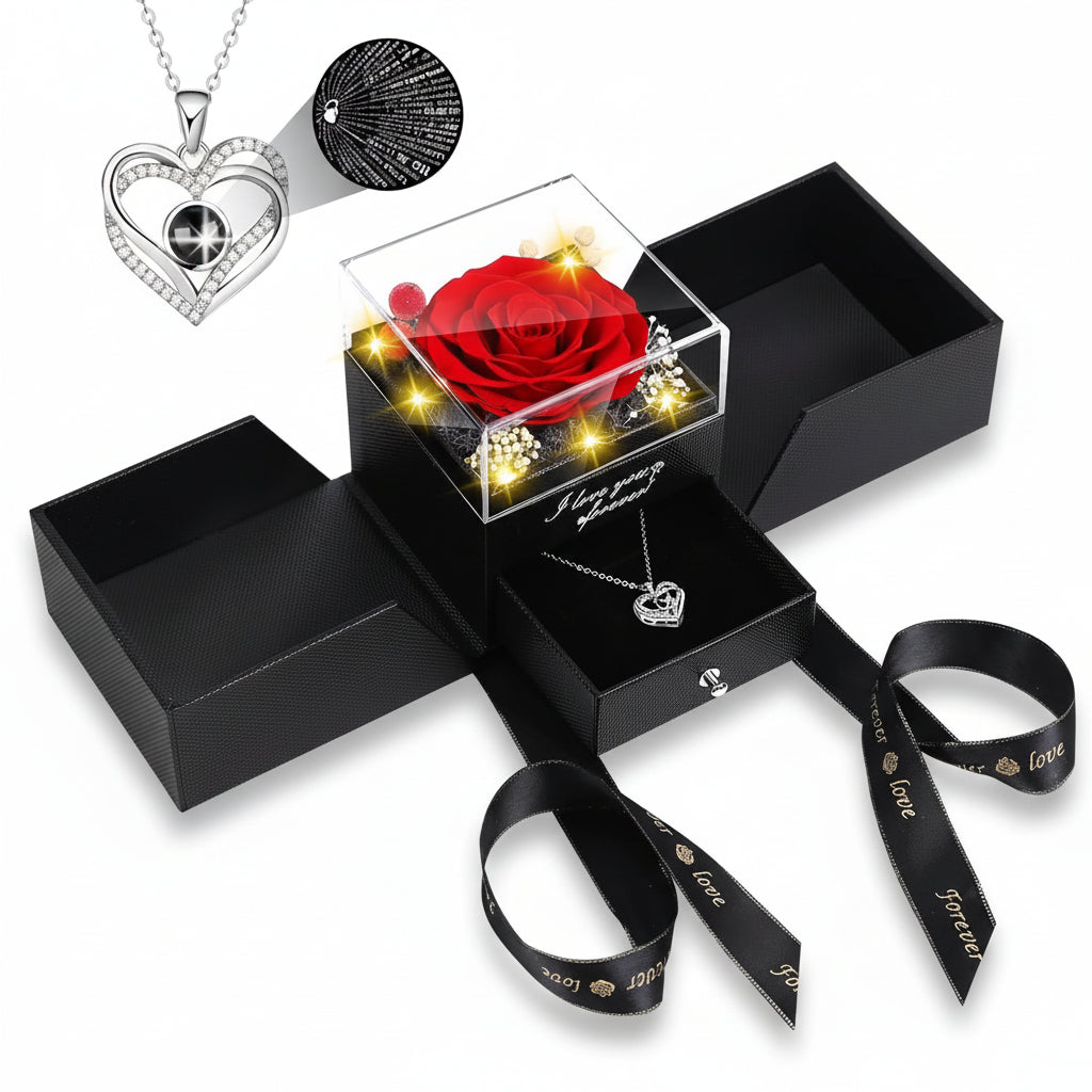 Preserved Eternal Flower Rose Gift Box with LED Light and Love Necklace