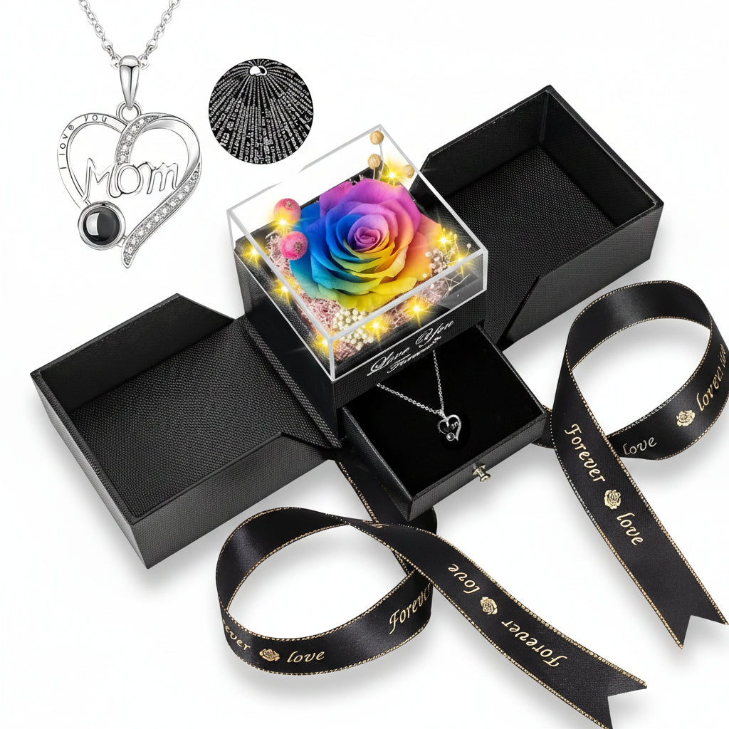 Preserved Eternal Flower Rose Gift Box with LED Light and Love Necklace