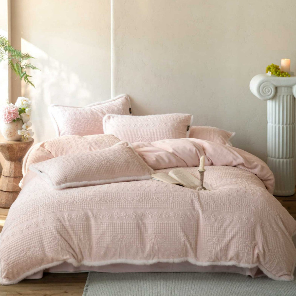 Quilted Cotton Sherpa Bedding Set with Textured Floral Embroidery