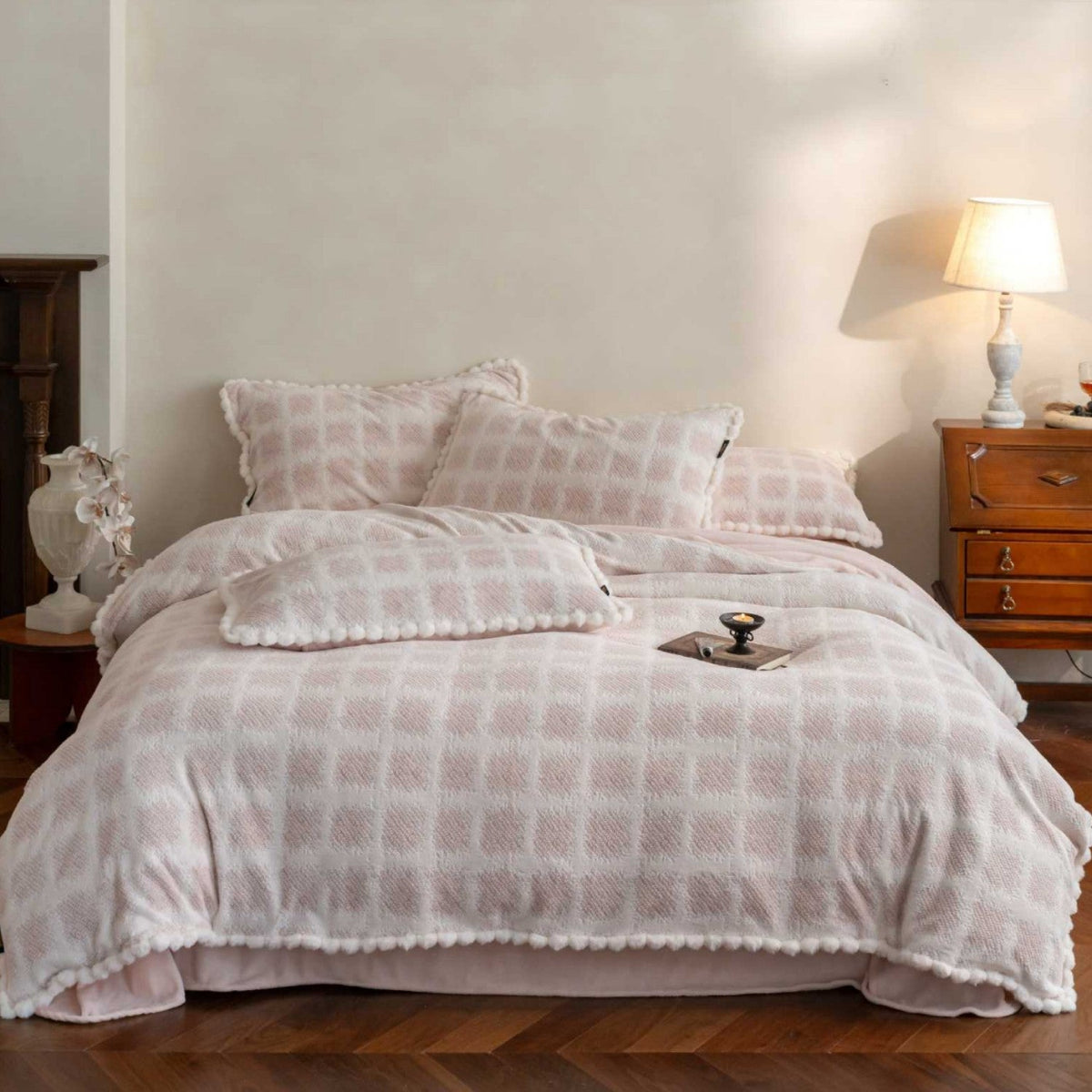 Quilted Cotton Sherpa Bedding Set with Textured Floral Embroidery