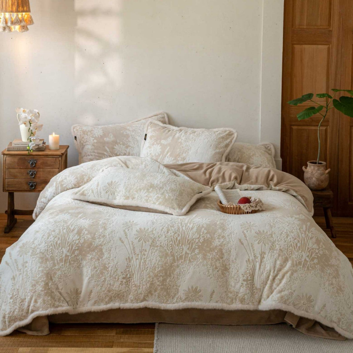 Quilted Cotton Sherpa Bedding Set with Textured Floral Embroidery