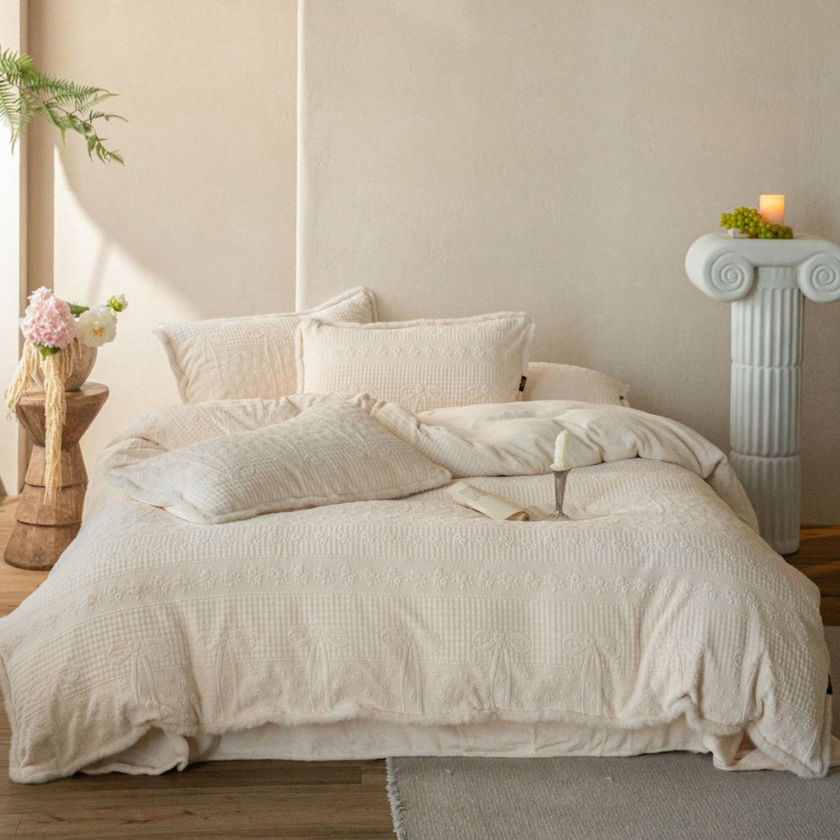 Quilted Cotton Sherpa Bedding Set with Textured Floral Embroidery