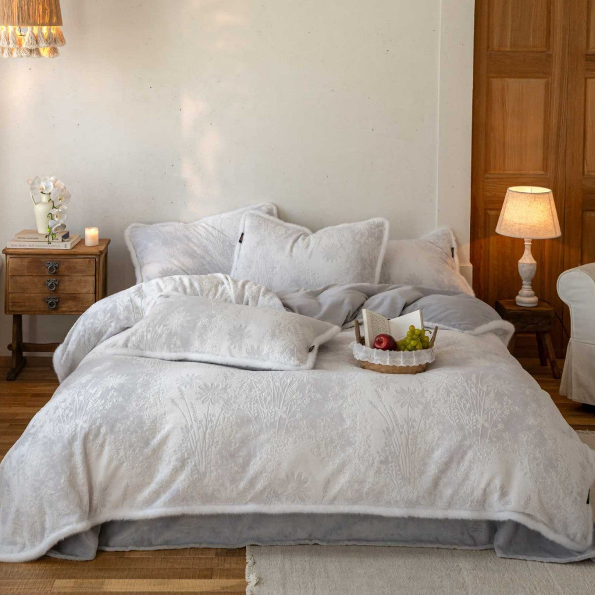 Quilted Cotton Sherpa Bedding Set with Textured Floral Embroidery