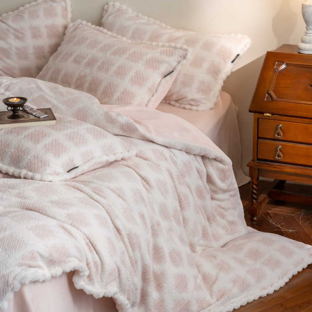 Quilted Cotton Sherpa Bedding Set with Textured Floral Embroidery