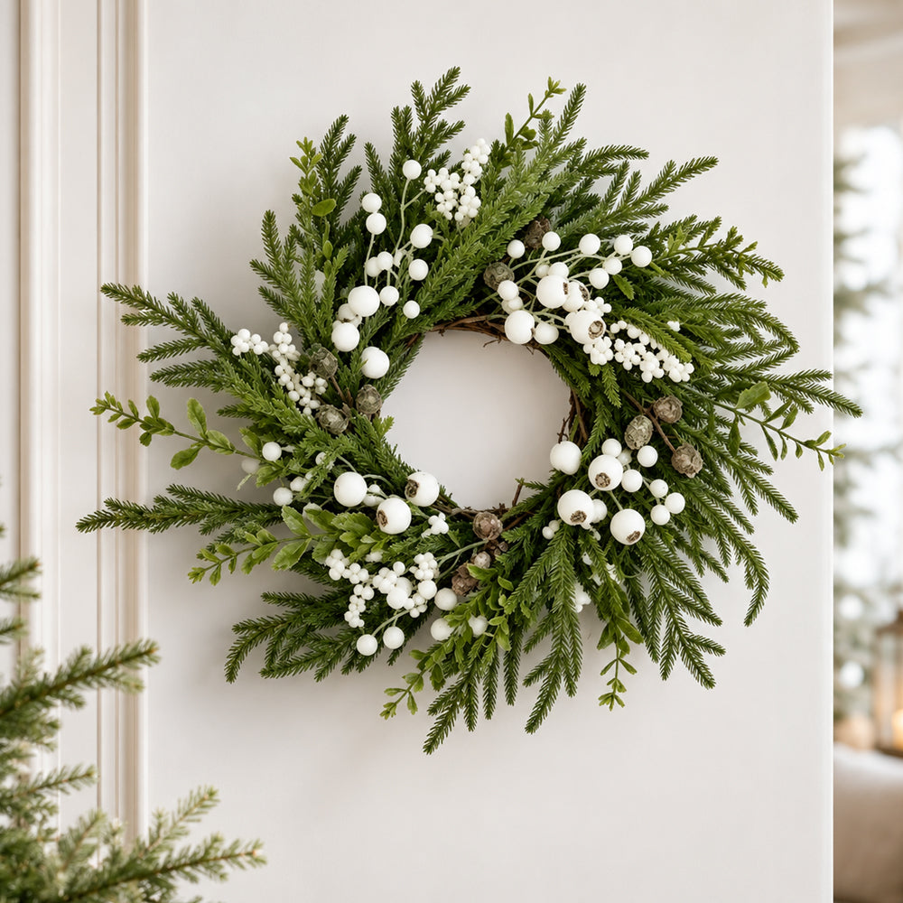 Realistic Green Christmas Wreath with White Berries - 50 cm