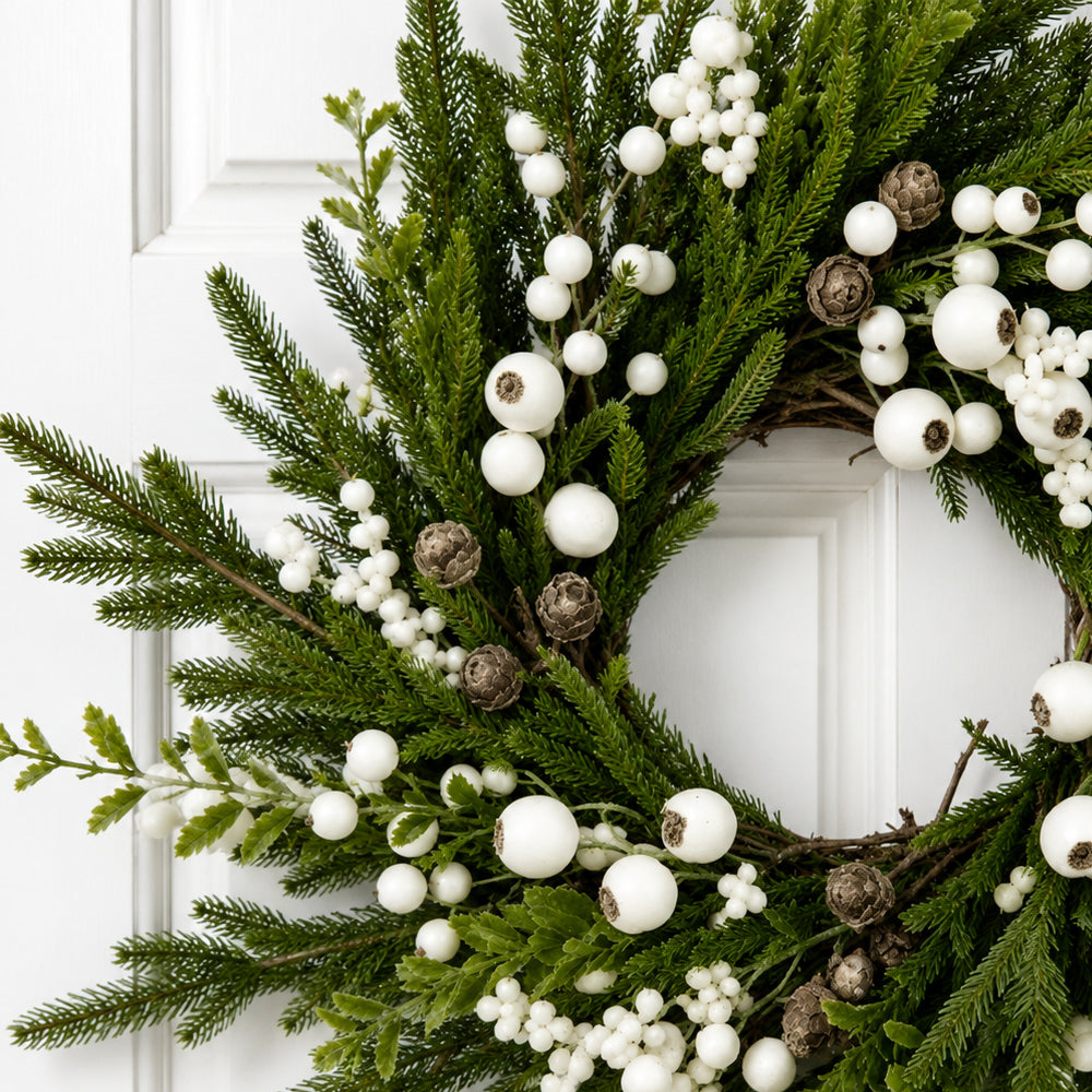 Realistic Green Christmas Wreath with White Berries - 50 cm