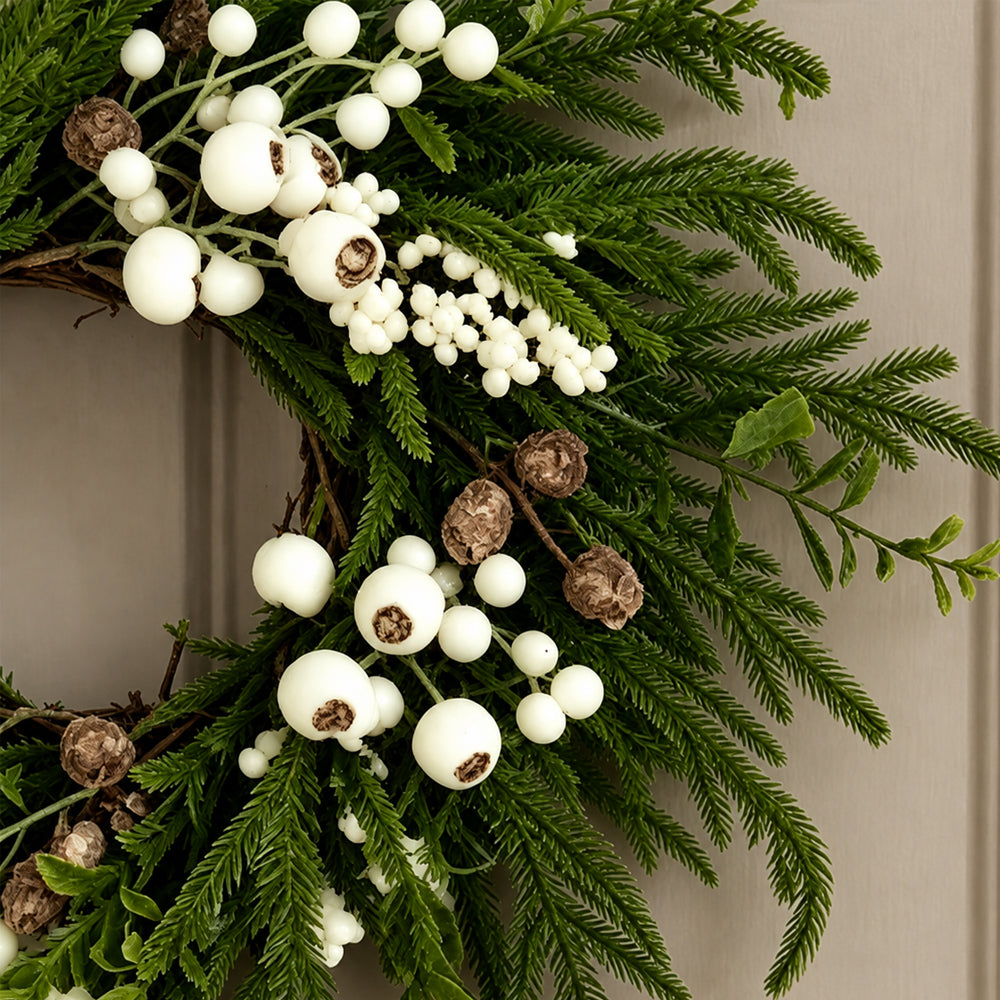 Realistic Green Christmas Wreath with White Berries - 50 cm