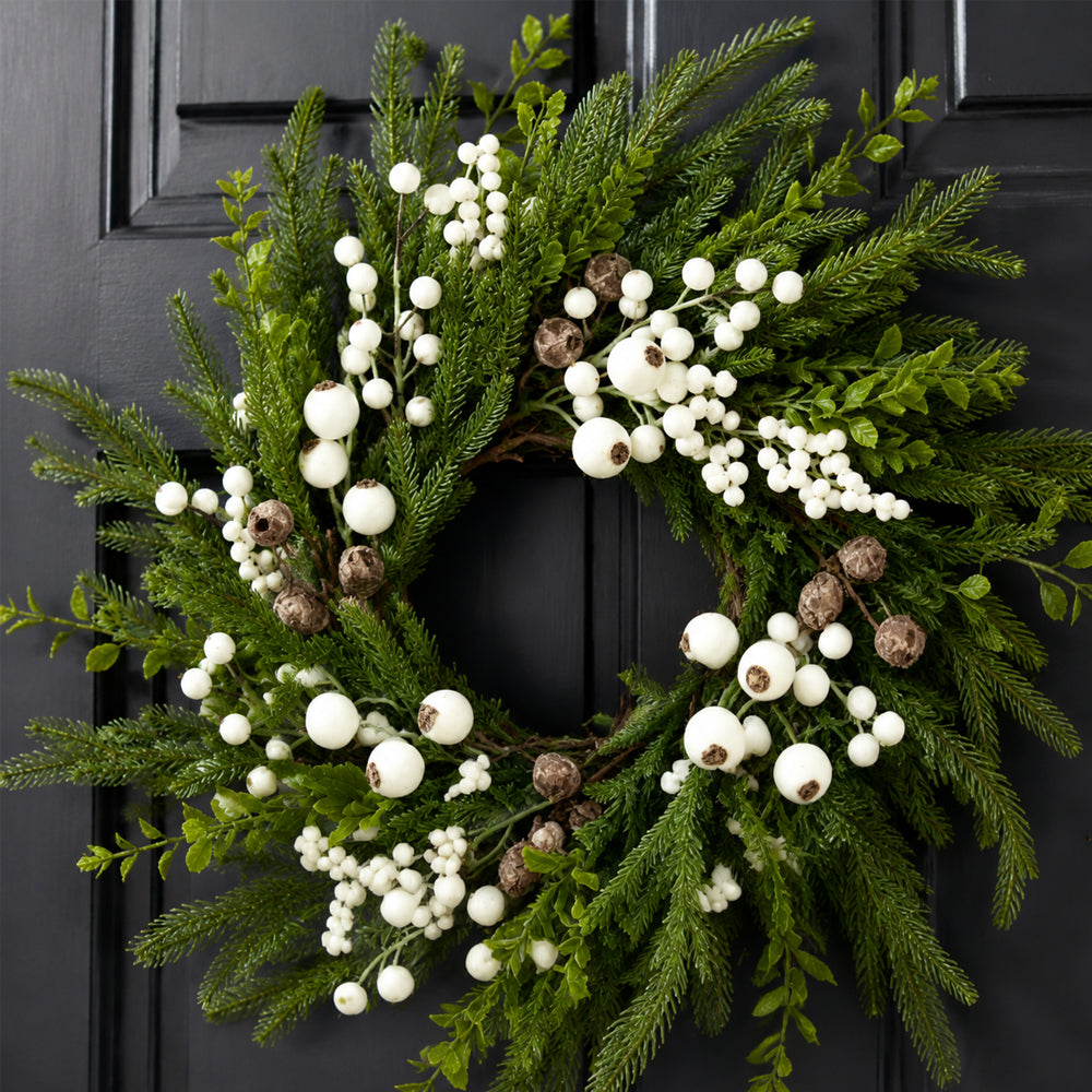 Realistic Green Christmas Wreath with White Berries - 50 cm