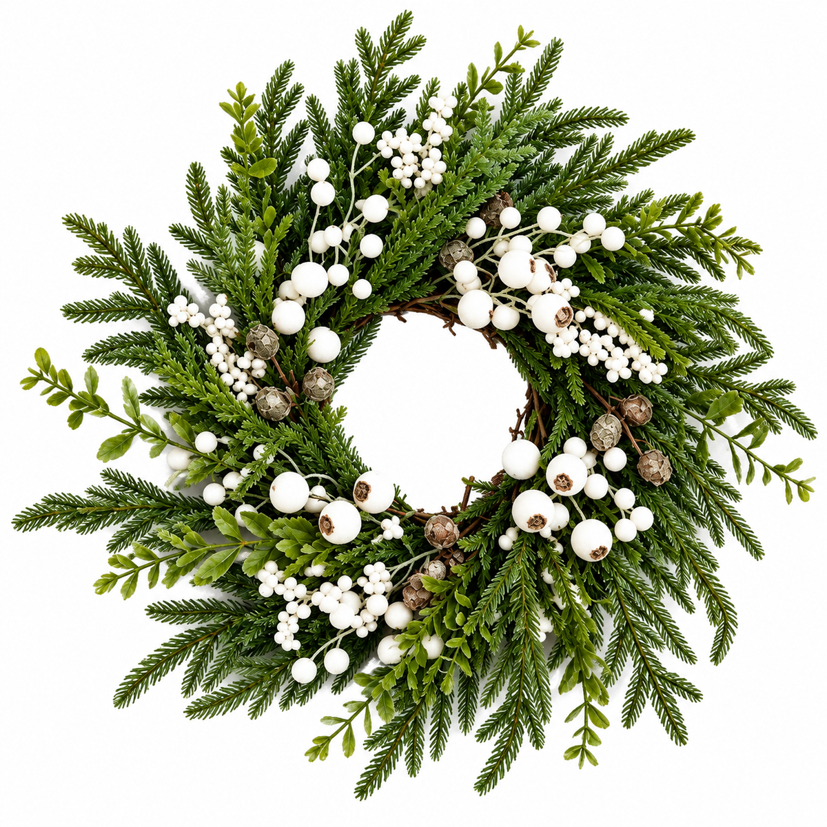 Realistic Green Christmas Wreath with White Berries - 50 cm