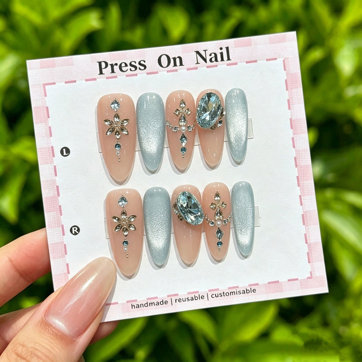 Reusable Decorative Press-On Nail Set with Gem Accents