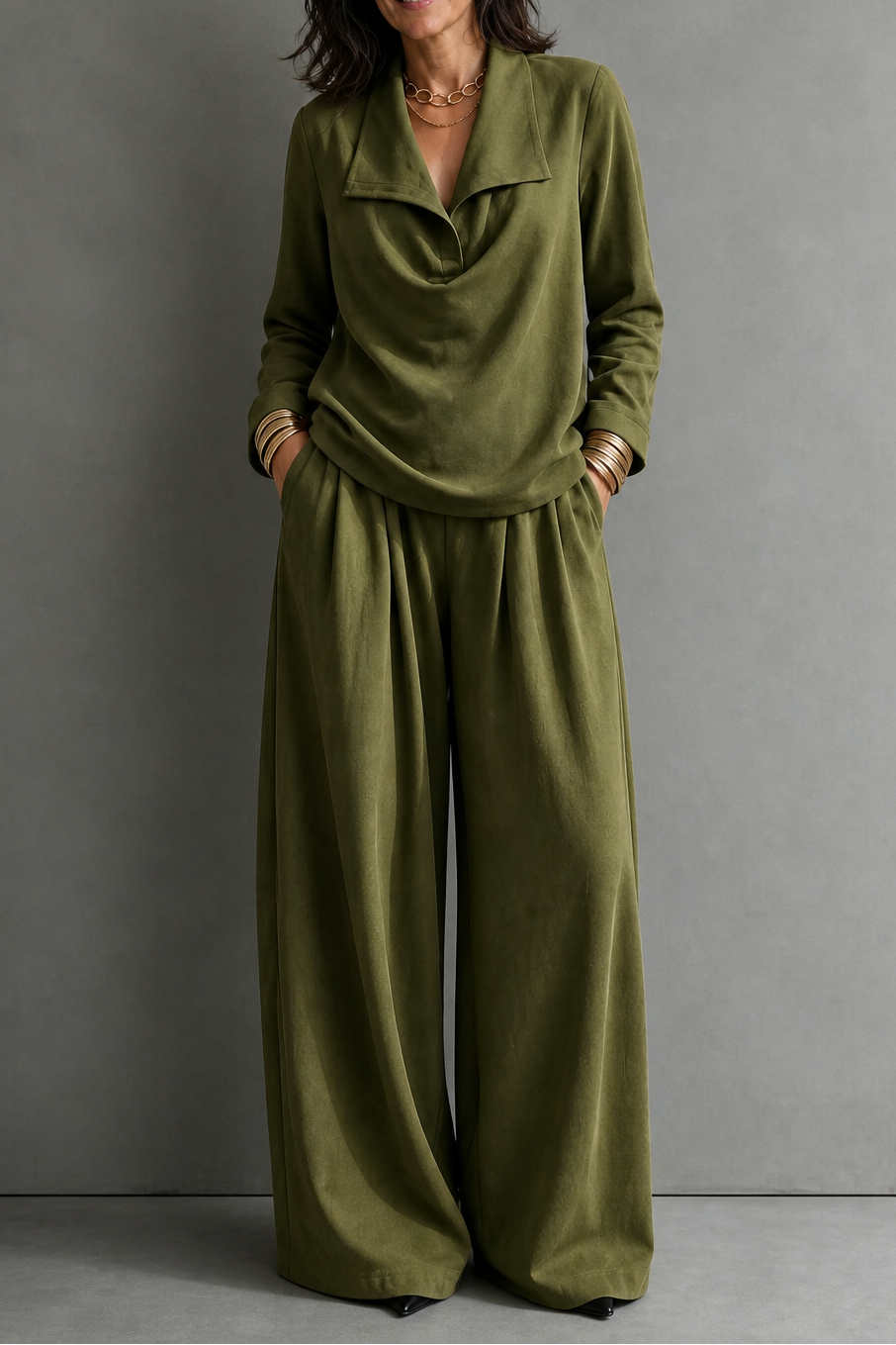 Ribbed Knit Draped Top and Pants Set