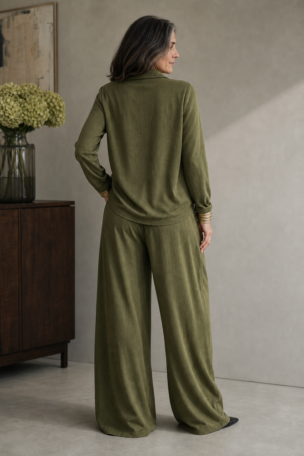 Ribbed Knit Draped Top and Pants Set