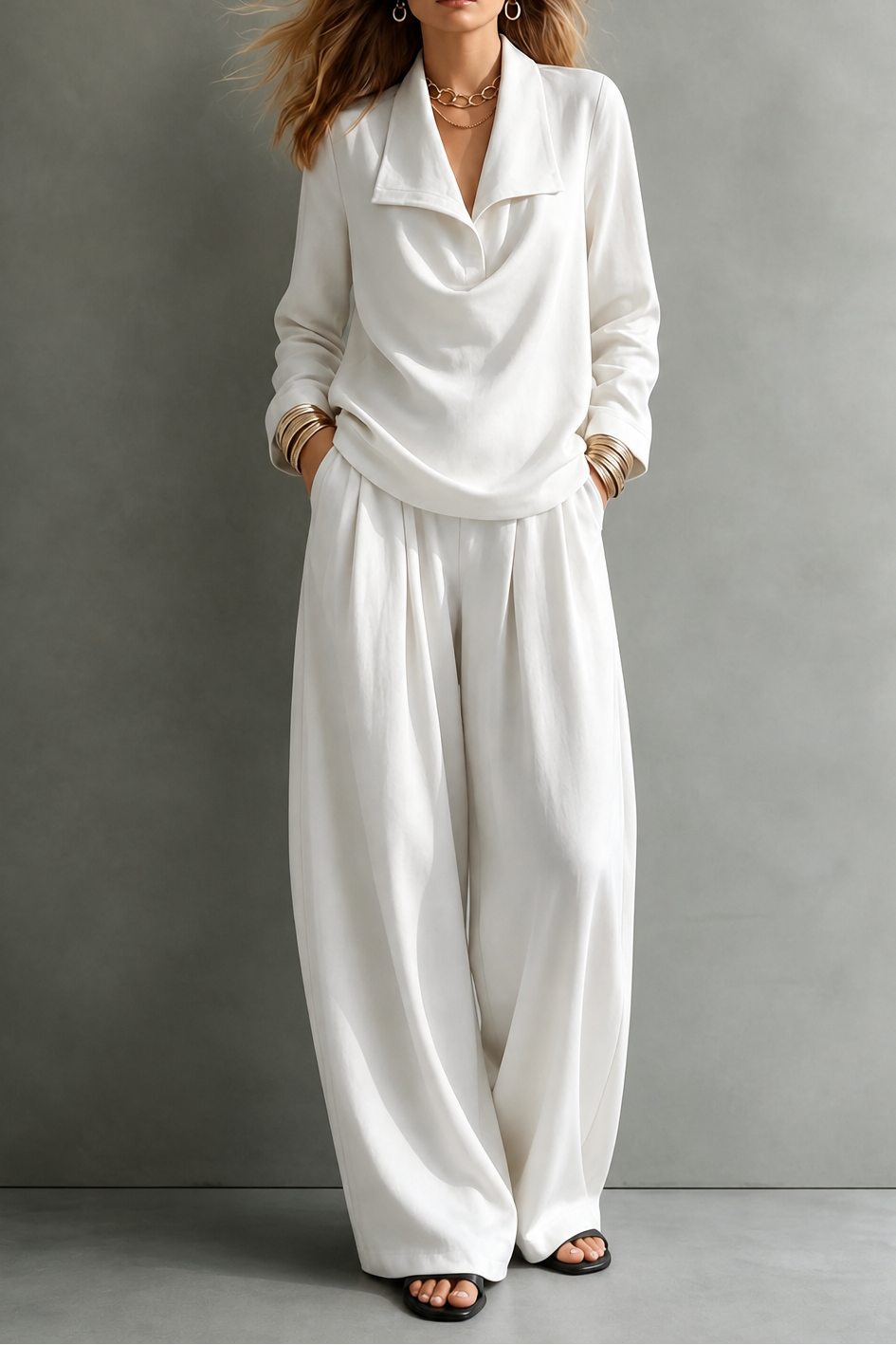 Ribbed Knit Draped Top and Pants Set