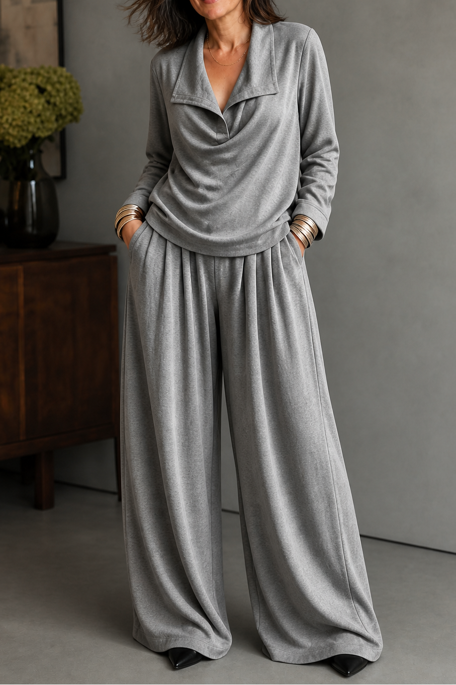 Ribbed Knit Draped Top and Pants Set