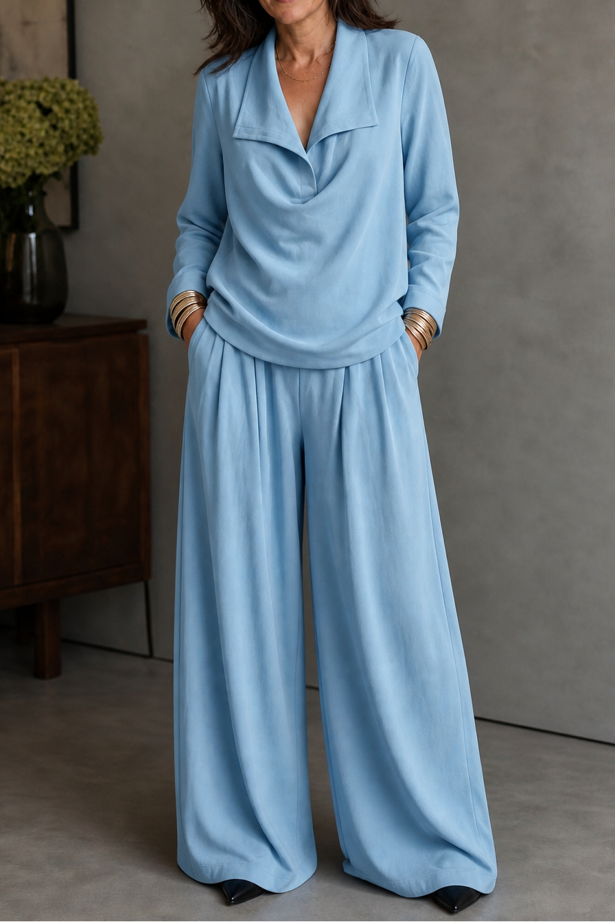 Ribbed Knit Draped Top and Pants Set