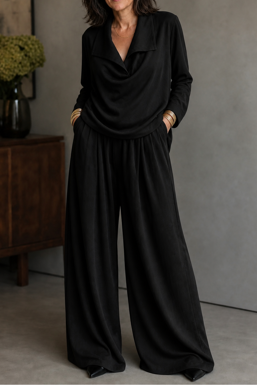 Ribbed Knit Draped Top and Pants Set
