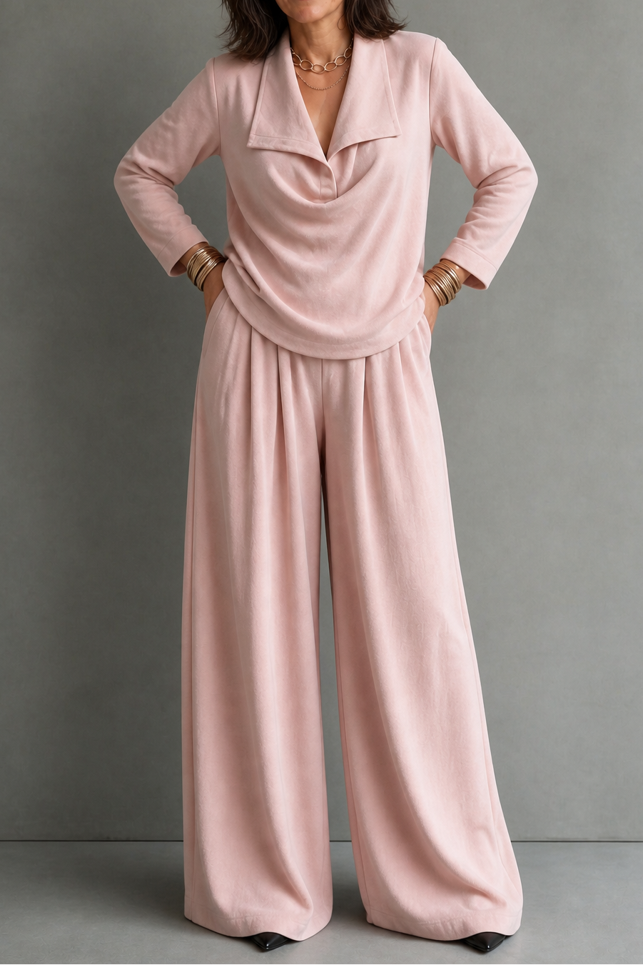 Ribbed Knit Draped Top and Pants Set