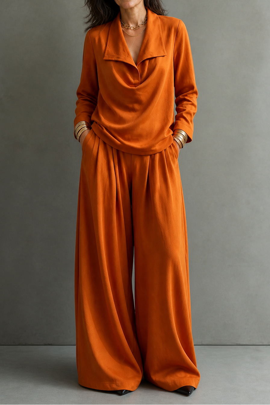 Ribbed Knit Draped Top and Pants Set