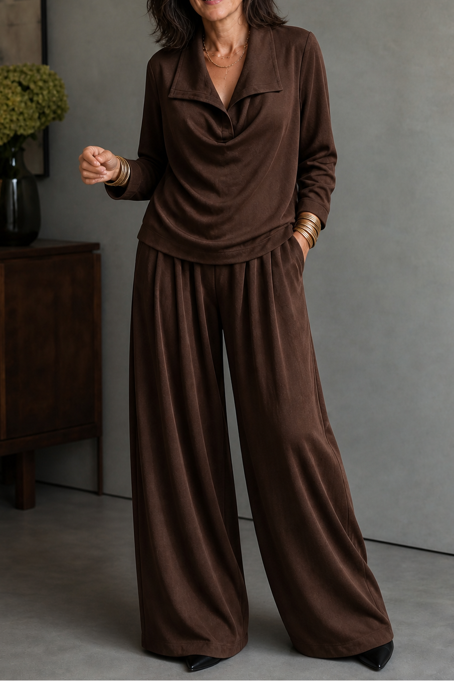 Ribbed Knit Draped Top and Pants Set