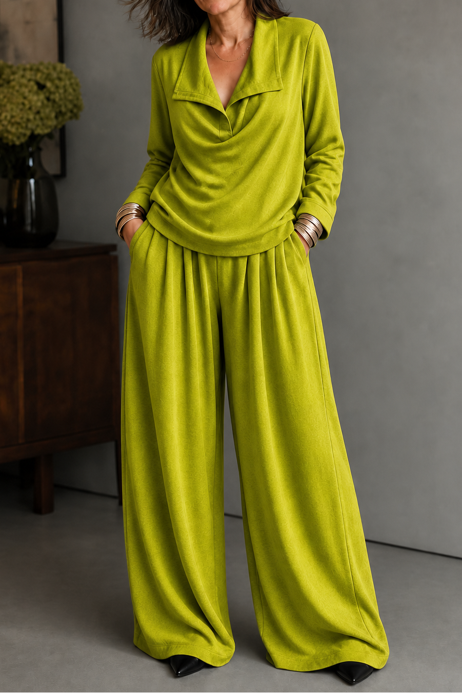 Ribbed Knit Draped Top and Pants Set