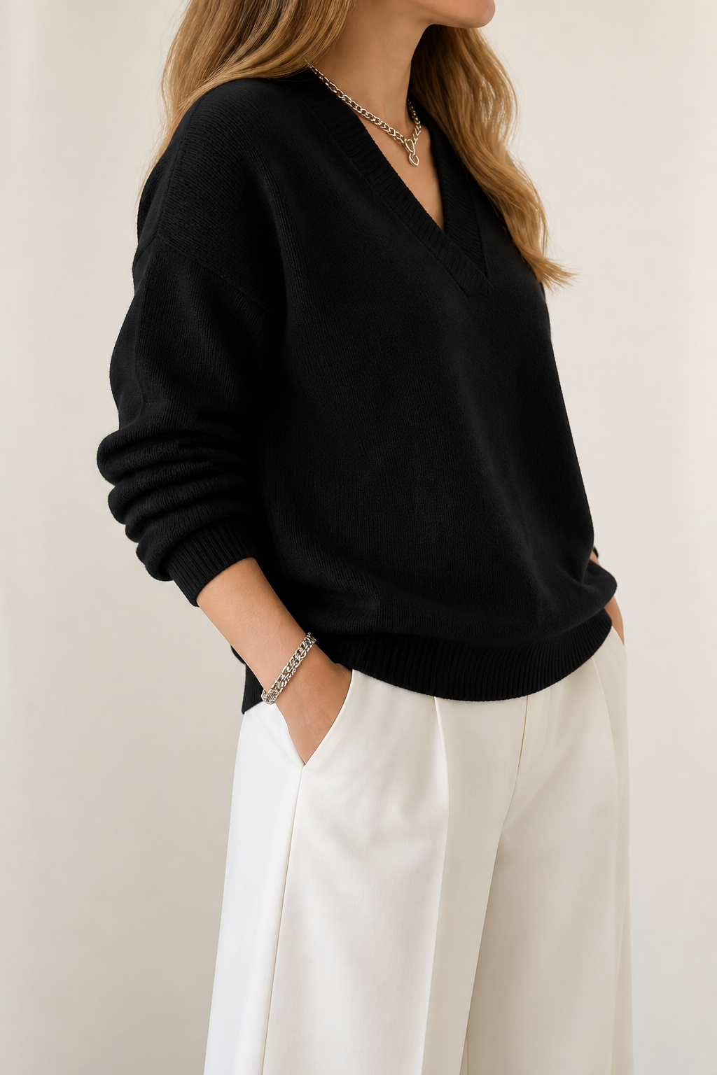 Ribbed V-Neck Relaxed Knit Sweater