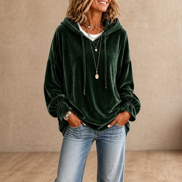 Ruffle Cuff Velvet Relaxed Hoodie