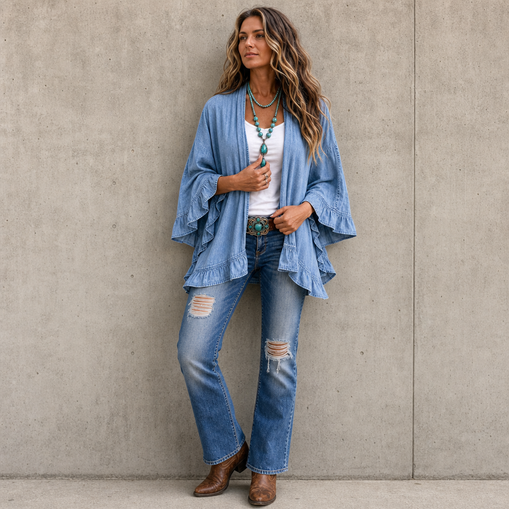 Ruffle-Trim Open-Front Denim Look Cardigan
