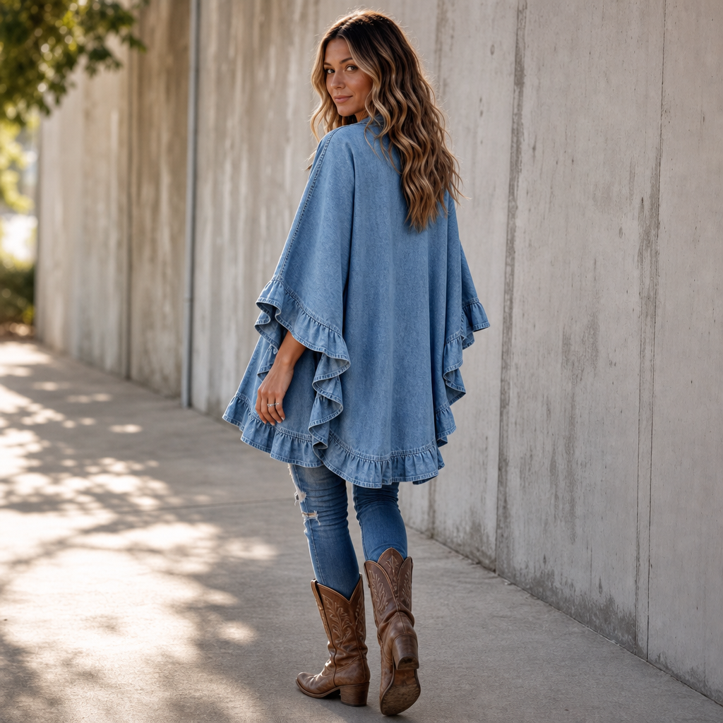 Ruffle-Trim Open-Front Denim Look Cardigan