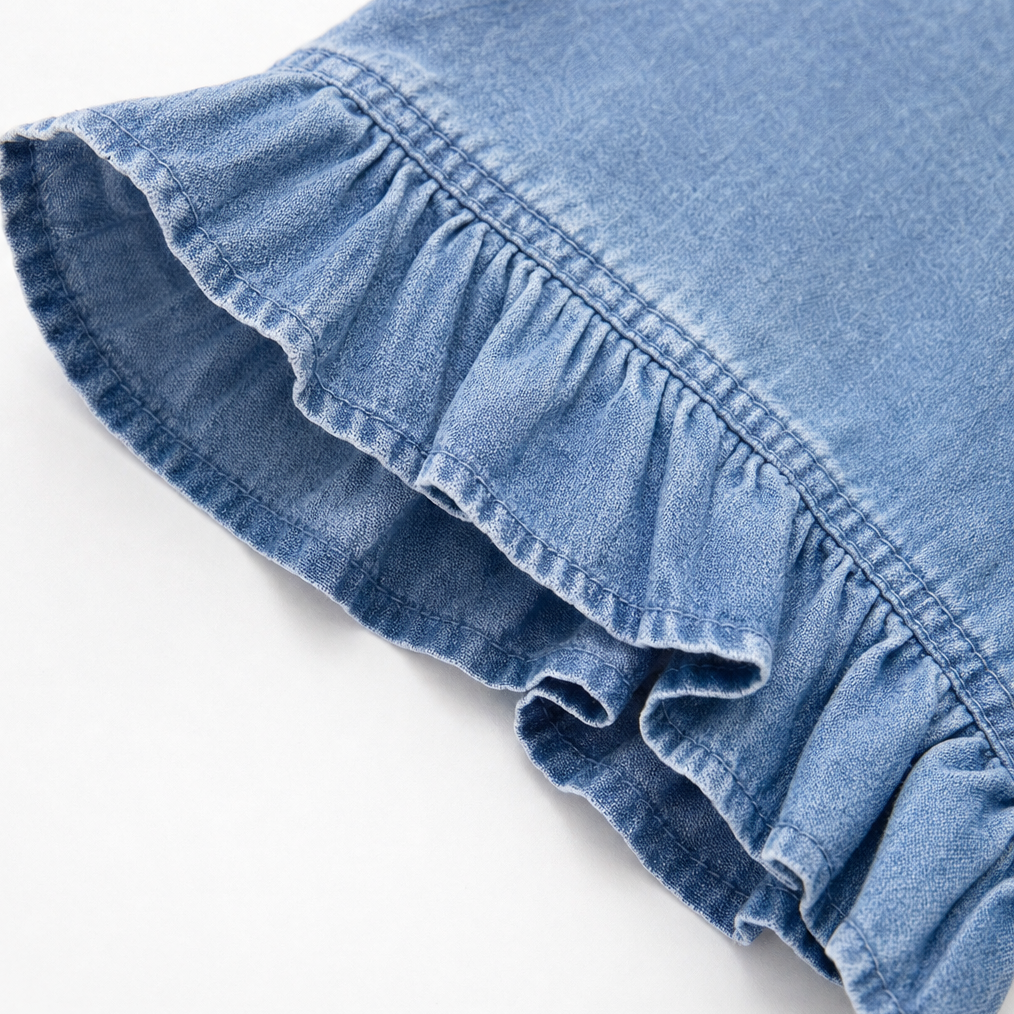 Ruffle-Trim Open-Front Denim Look Cardigan