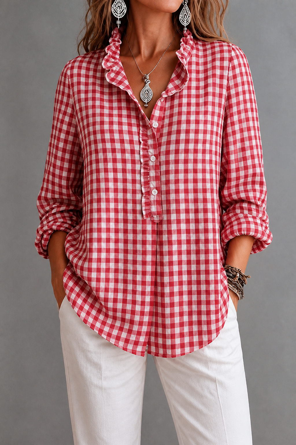 Ruffled Collar Checked Print Blouse