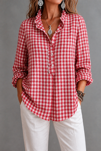 Ruffled Collar Checked Print Blouse