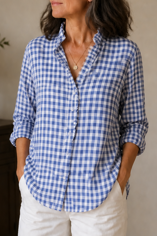 Ruffled Collar Checked Print Blouse