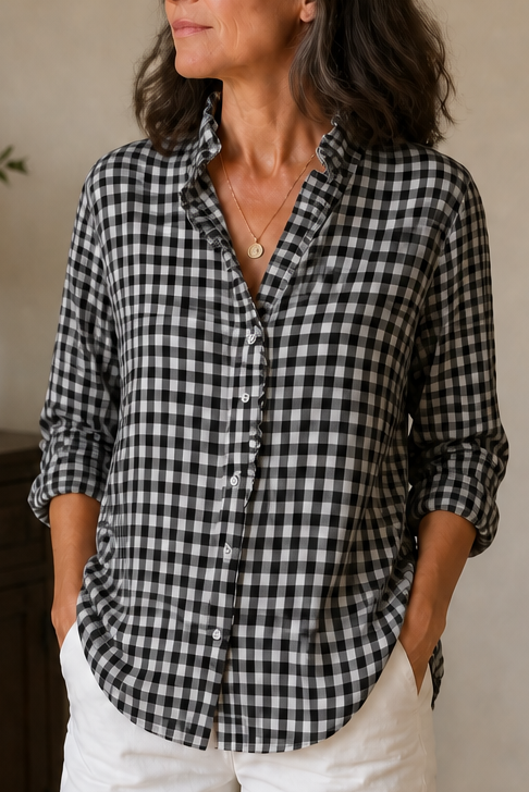 Ruffled Collar Checked Print Blouse