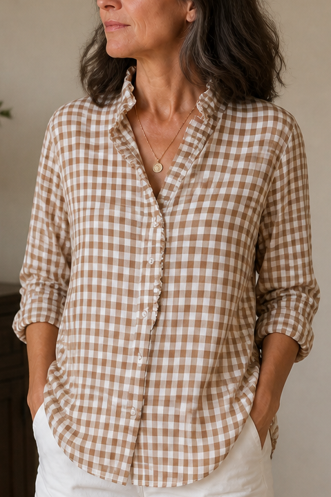 Ruffled Collar Checked Print Blouse