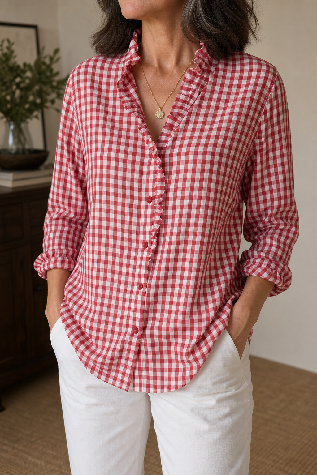 Ruffled Collar Checked Print Blouse