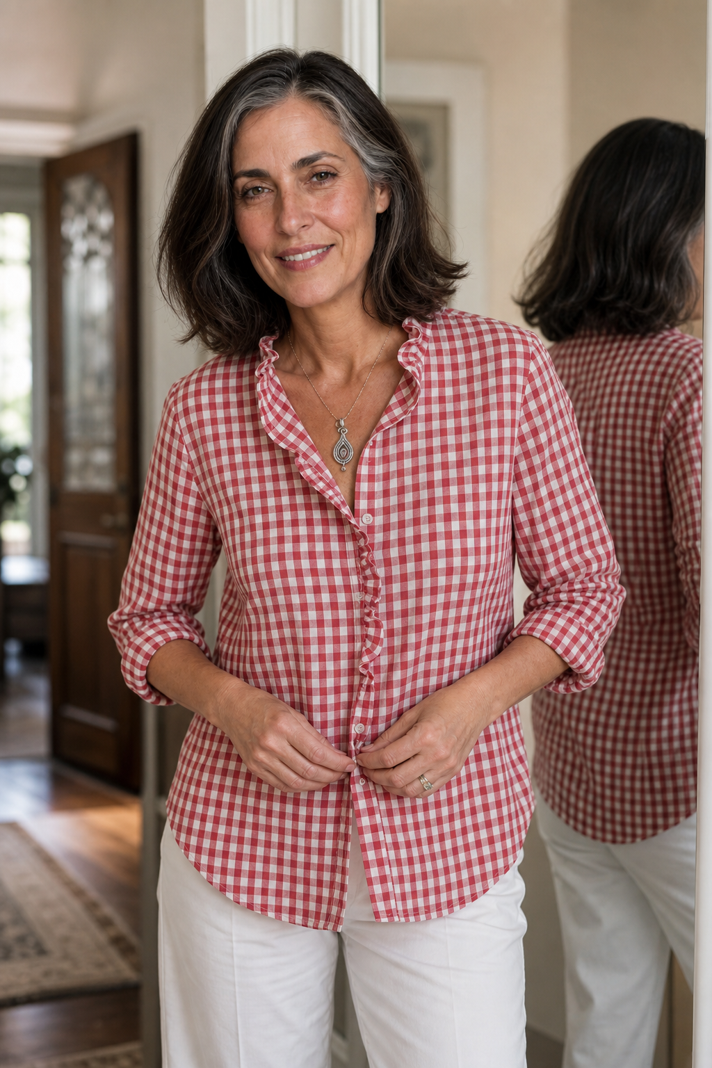 Ruffled Collar Checked Print Blouse