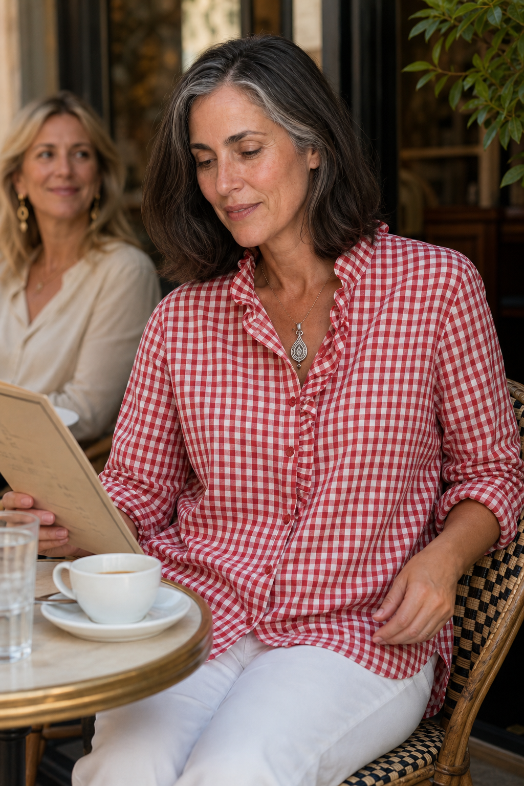 Ruffled Collar Checked Print Blouse