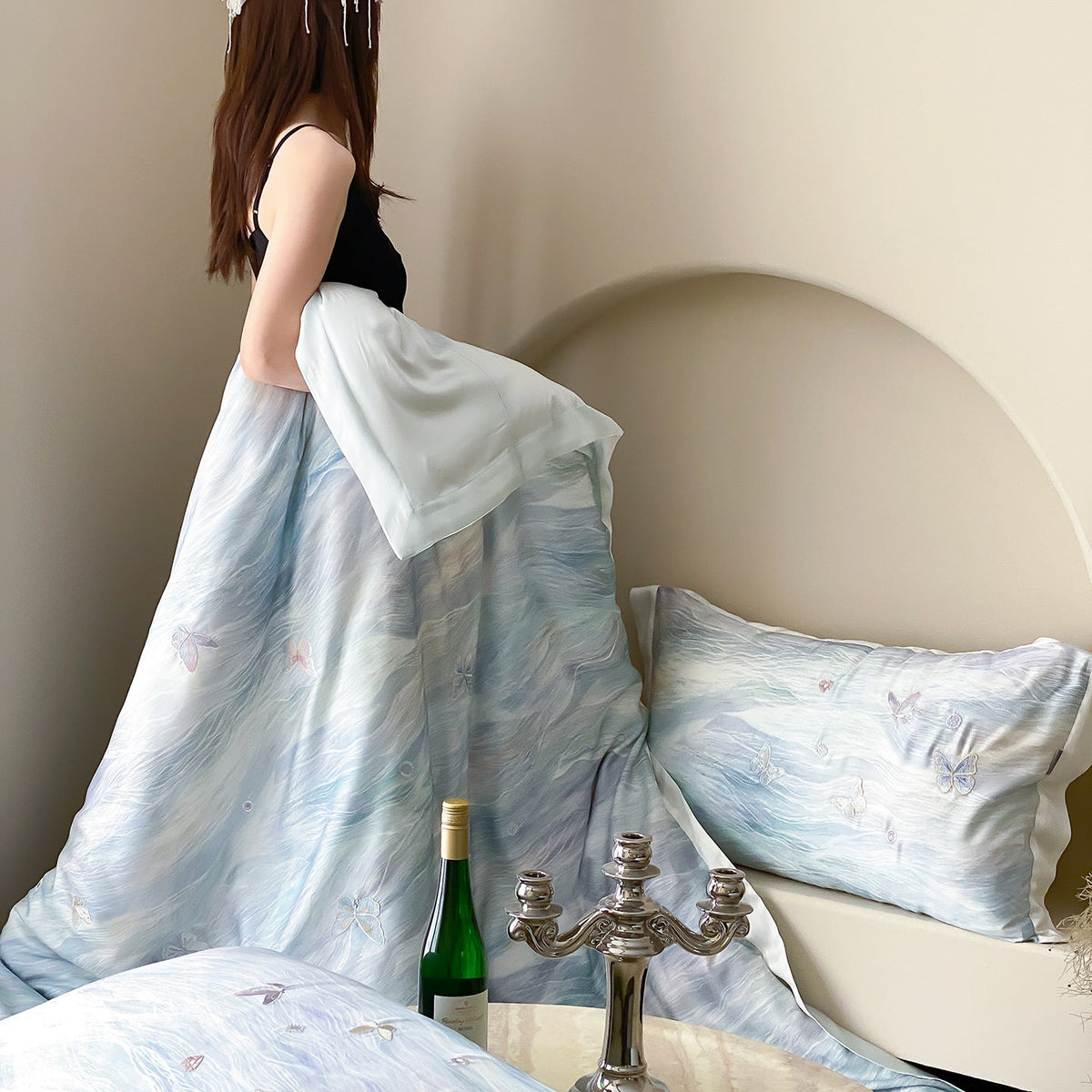 Satin Bedding Set with Watercolor Gradient and 3D Butterfly Embroidery