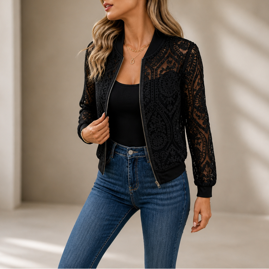 Sheer Floral Lace Bomber Jacket