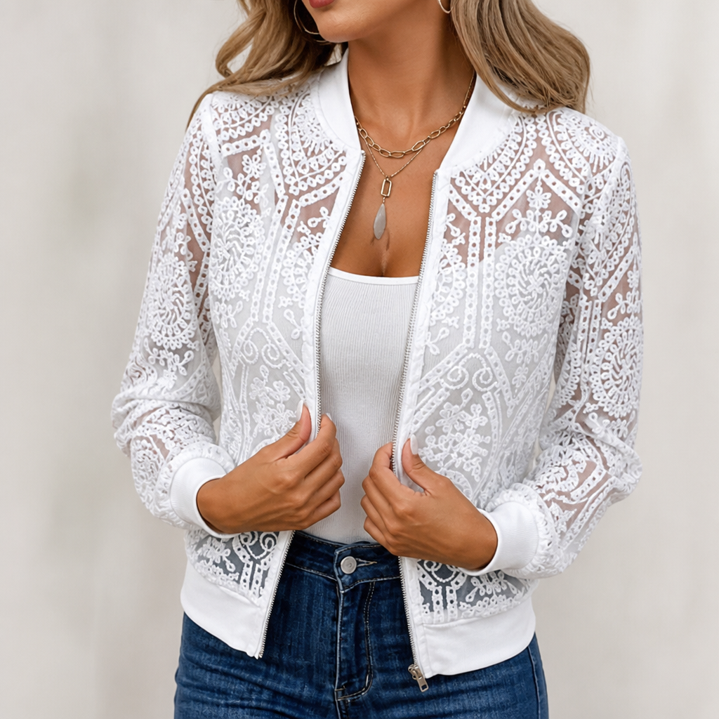 Sheer Floral Lace Bomber Jacket
