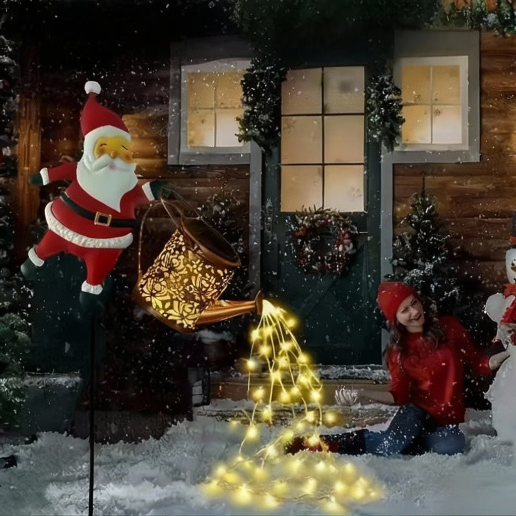 Solar Santa Watering Can Lantern for Winter Garden Decoration