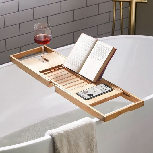 Solavera Bamboo Relax Tray | Extendable Bathtub Tray | Sustainable & Elegant | With Glass & Book Holder for Spa Enjoyment at Home