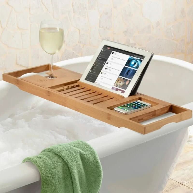 Solavera Bamboo Relax Tray | Extendable Bathtub Tray | Sustainable & Elegant | With Glass & Book Holder for Spa Enjoyment at Home