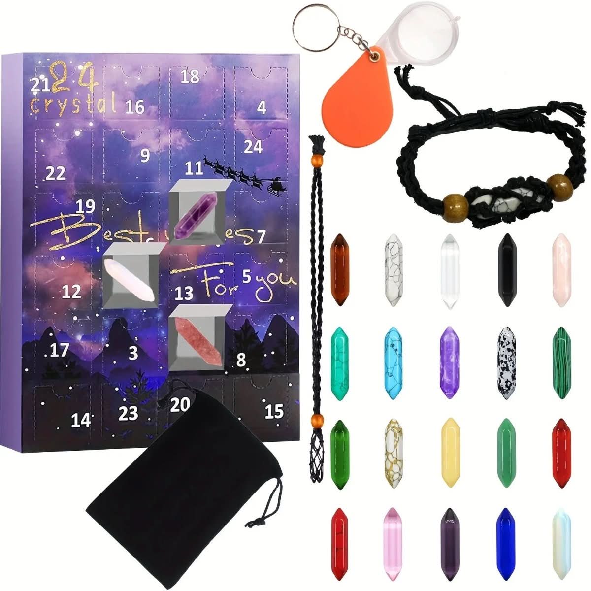 Stone Advent Calendar with 24 Natural Gemstones and Daily Compartments