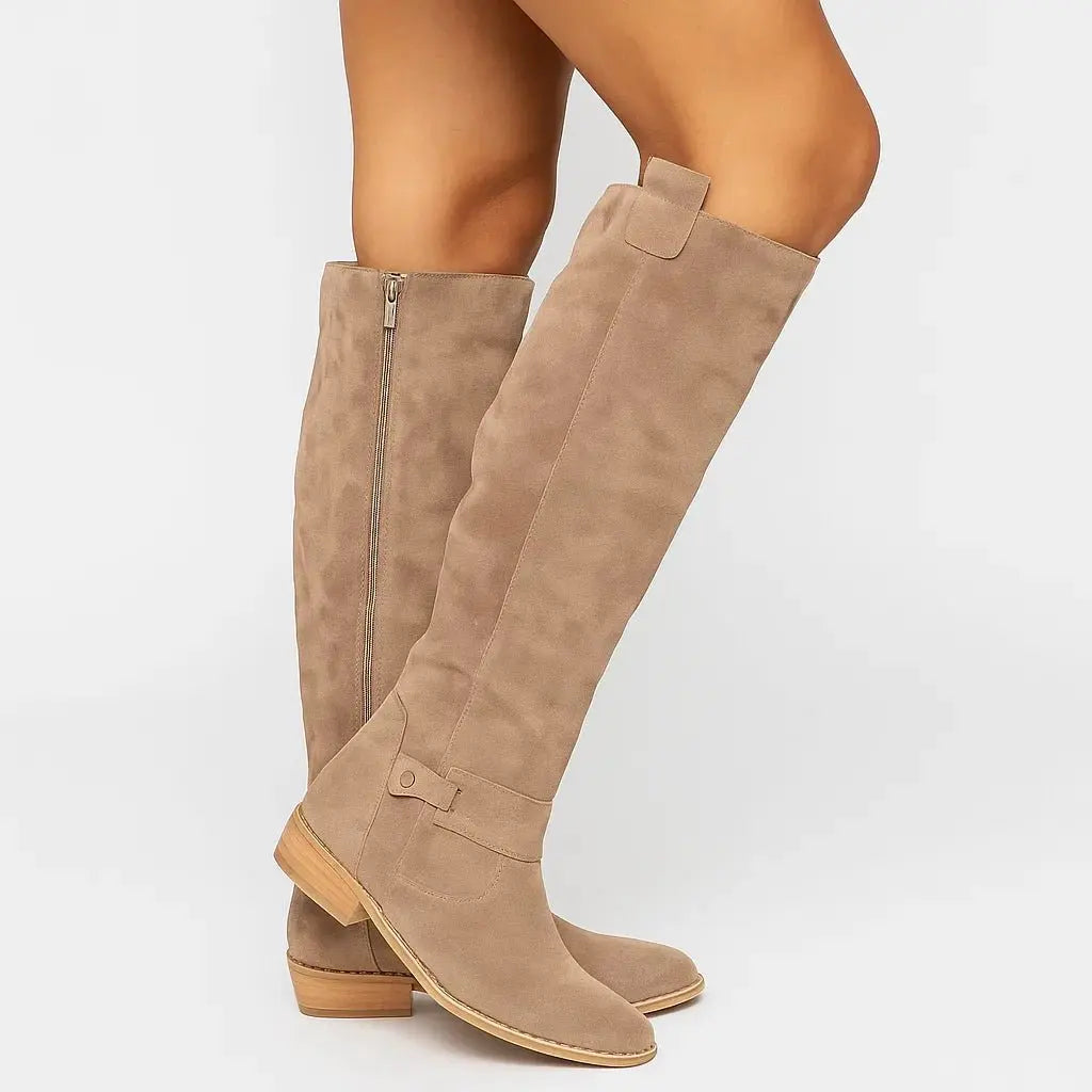 Suede Knee-High Block Heel Boots with Side Zip