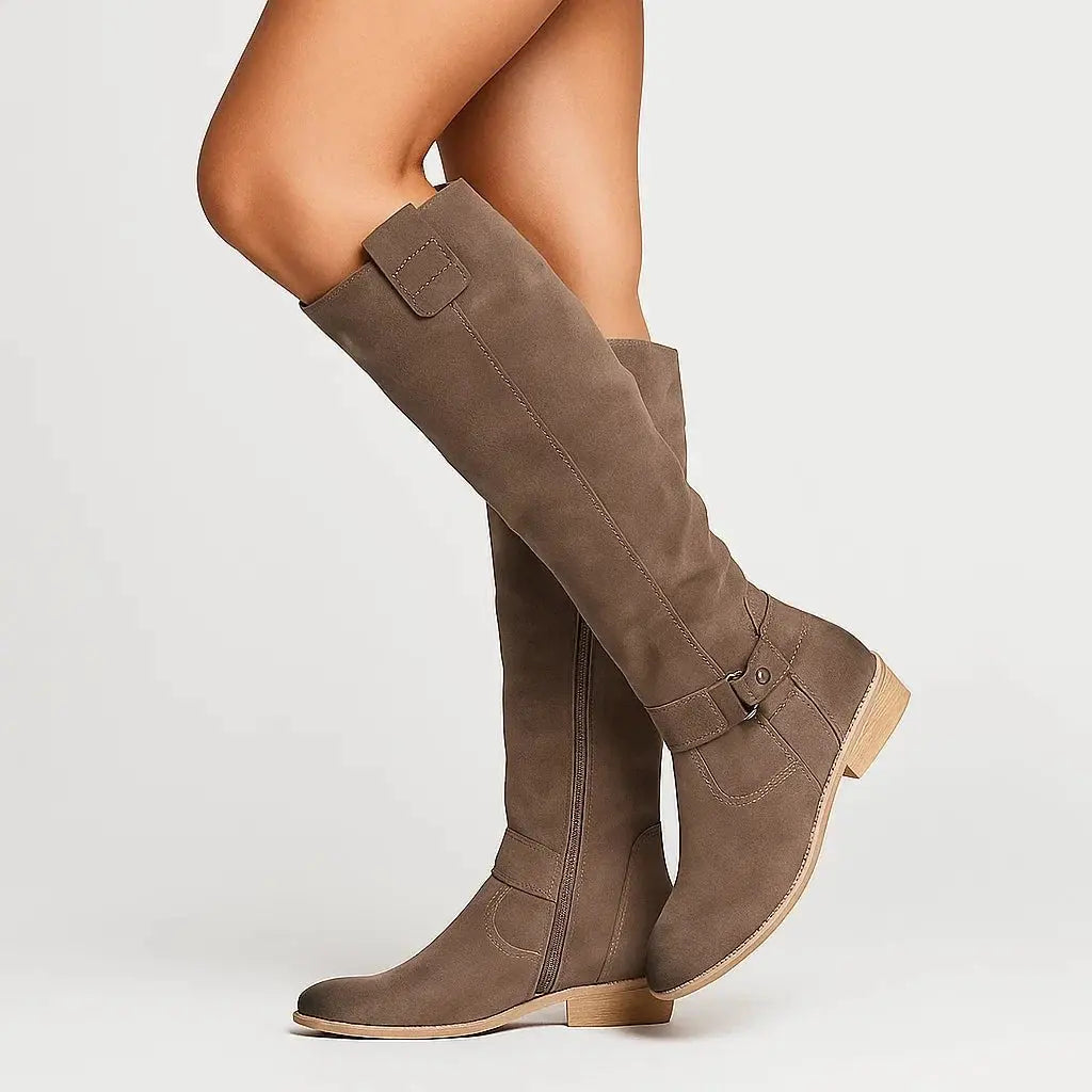 Suede Knee-High Block Heel Boots with Side Zip