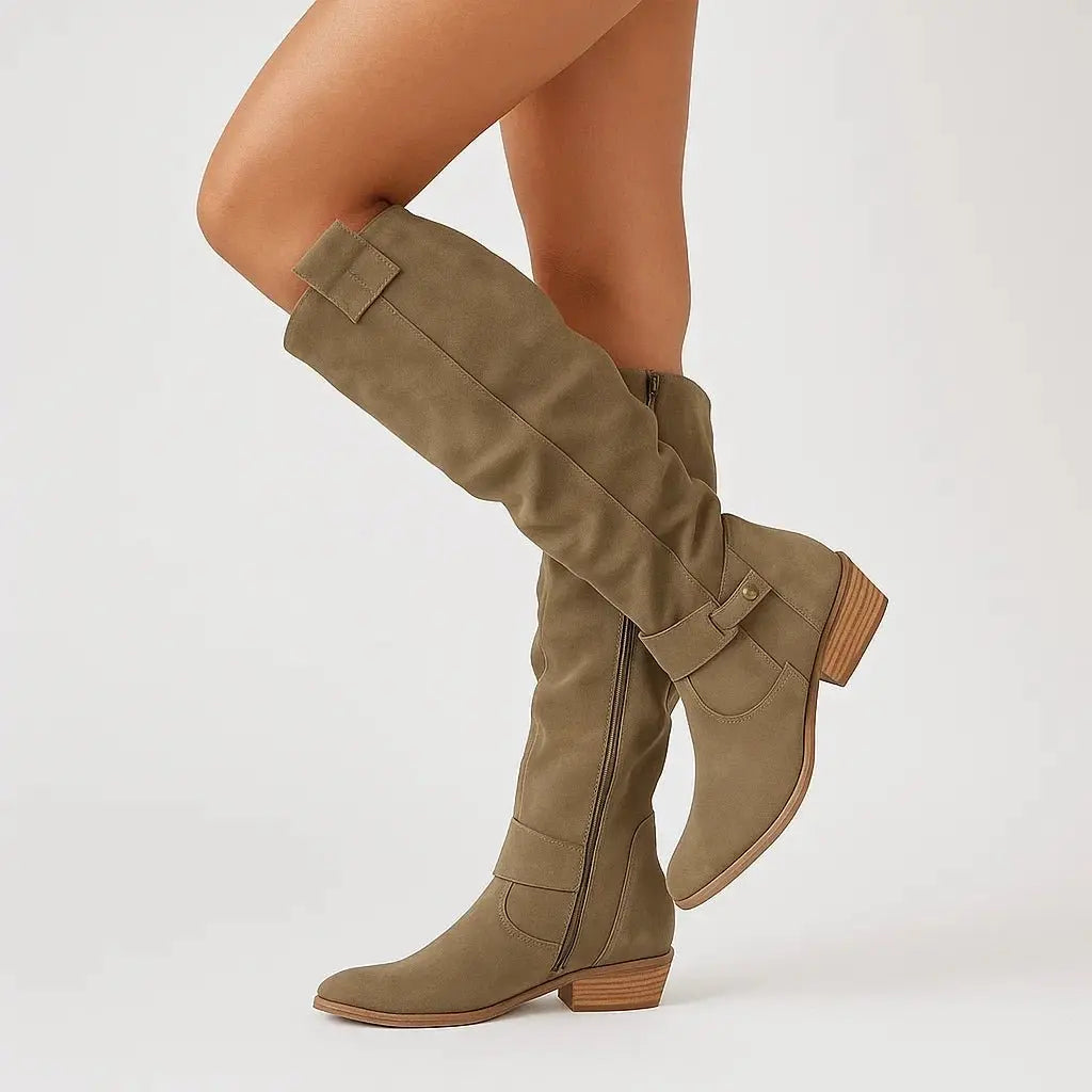Suede Knee-High Block Heel Boots with Side Zip