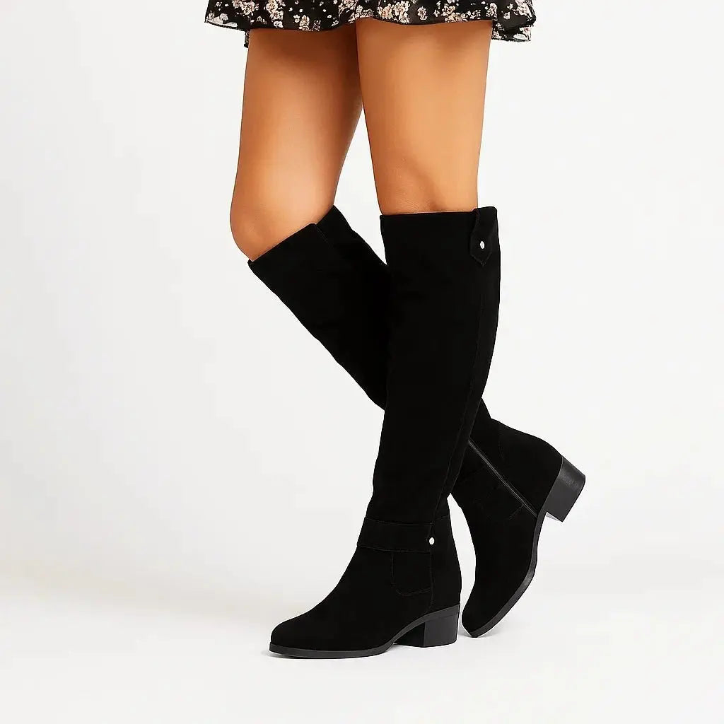 Suede Knee-High Block Heel Boots with Side Zip
