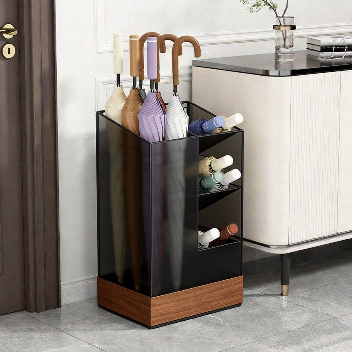 Tall Vertical Umbrella Stand with Integrated Angled Bottle Rack and Wooden Base